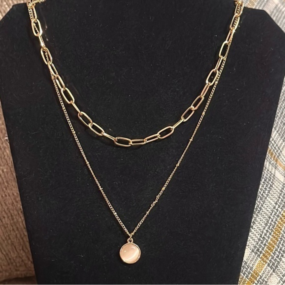 Anthropologie Minimalist Gold Pendant Layered Necklace blush moonstone